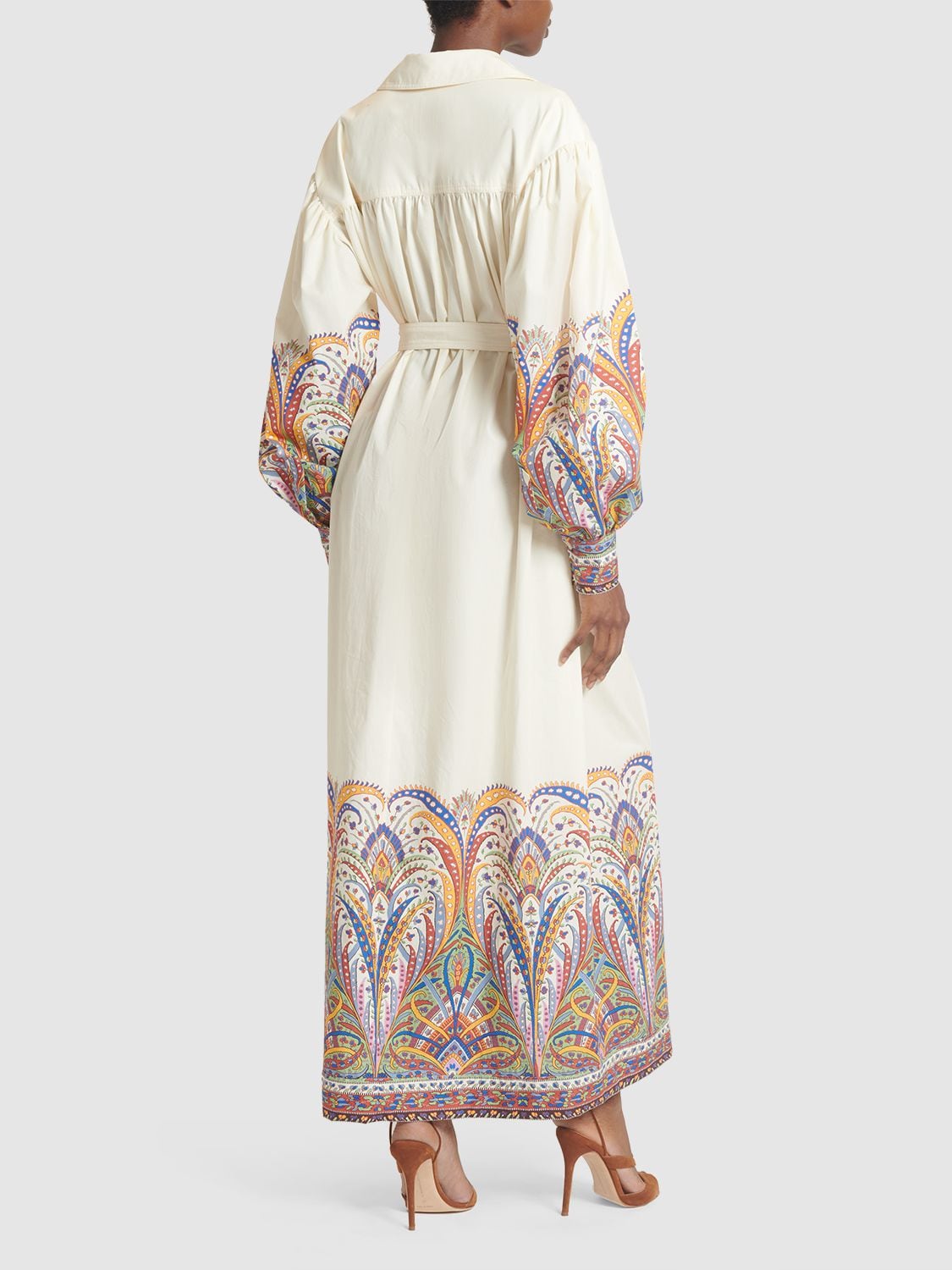 Shop Etro Printed Cotton Midi Shirt Dress W/belt In Multi Ivory