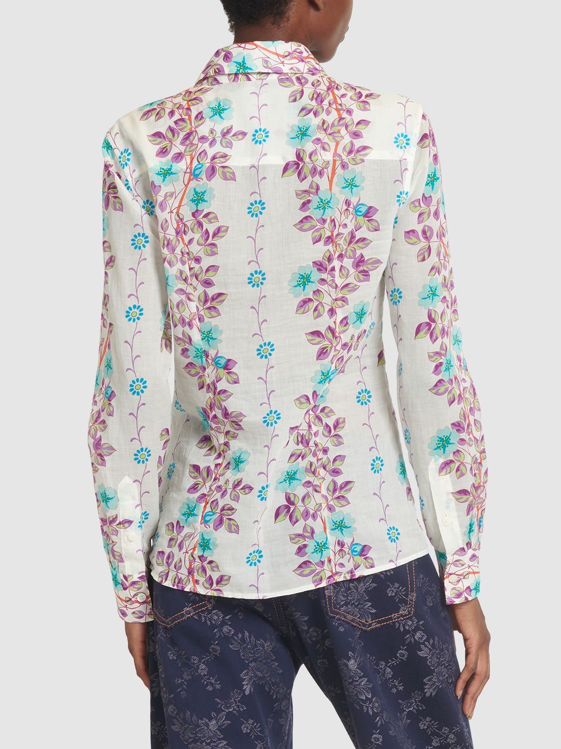 Shop Etro Floral Printed Cotton Long Sleeve Shirt In White,multi