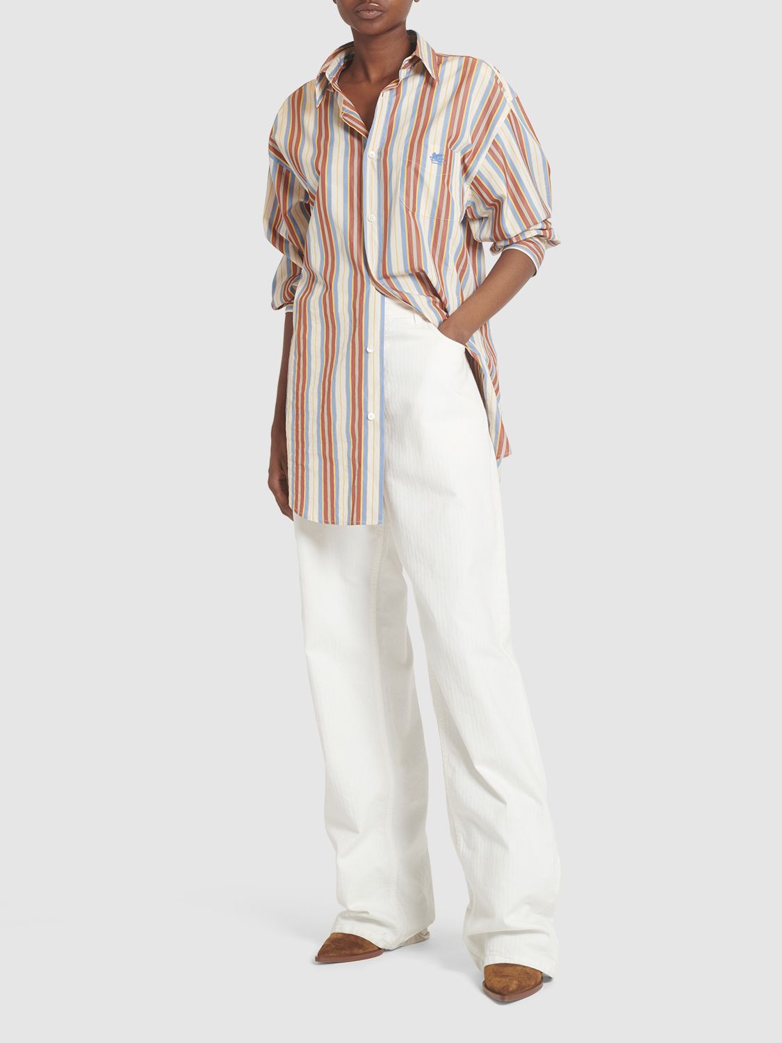 Shop Etro Striped Oversized Cotton L/s Shirt In White,red