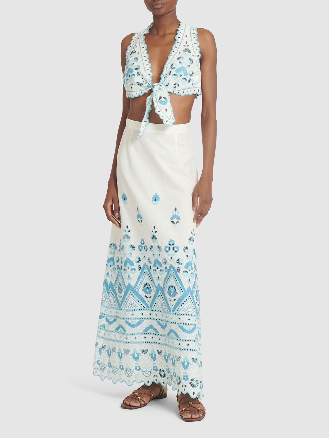 Shop Etro Broderie Anglaise Cotton Crop Top In White,light Blue