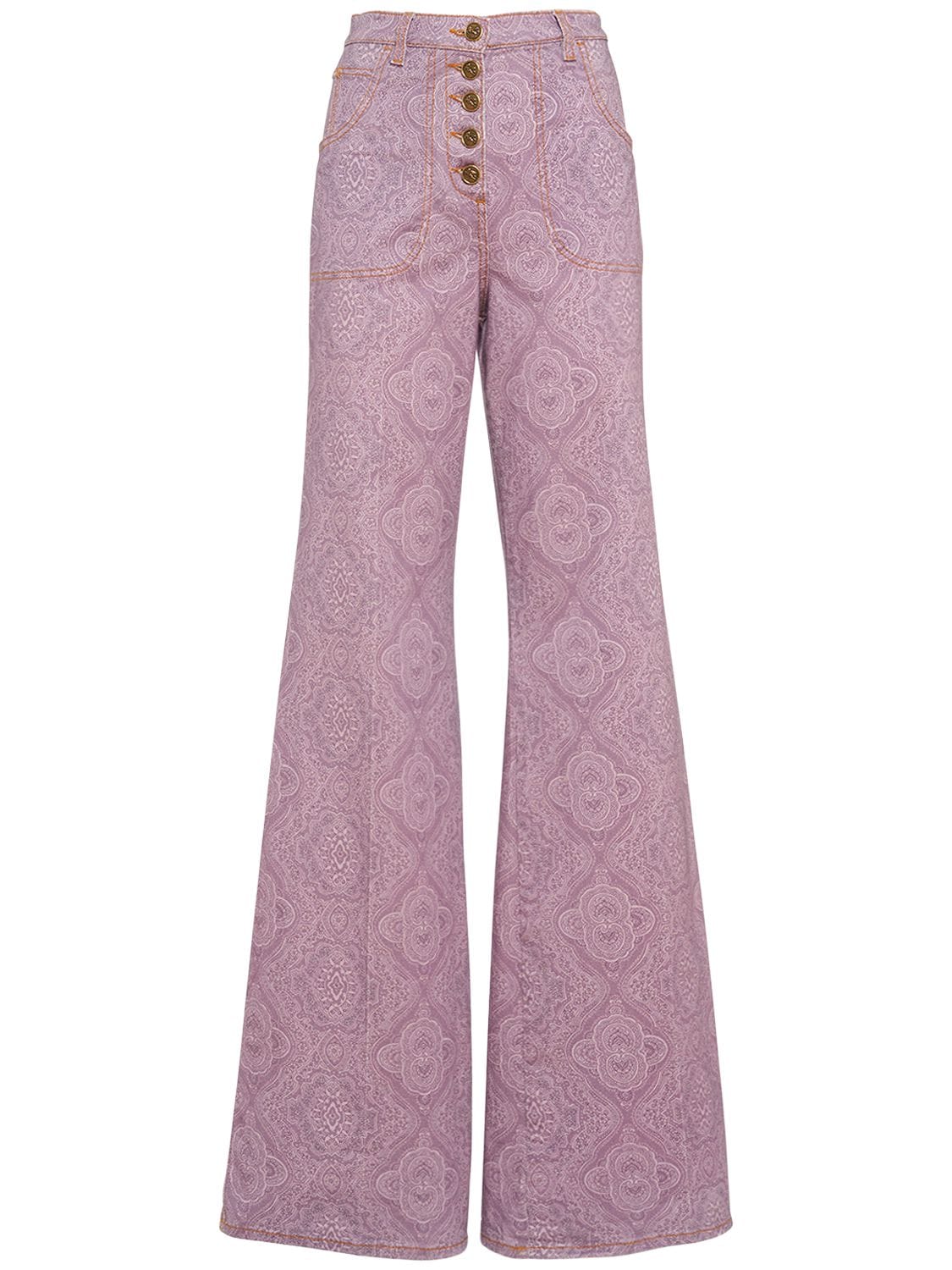 Etro Printed Cotton Denim Flared Jeans In Multi Lilac