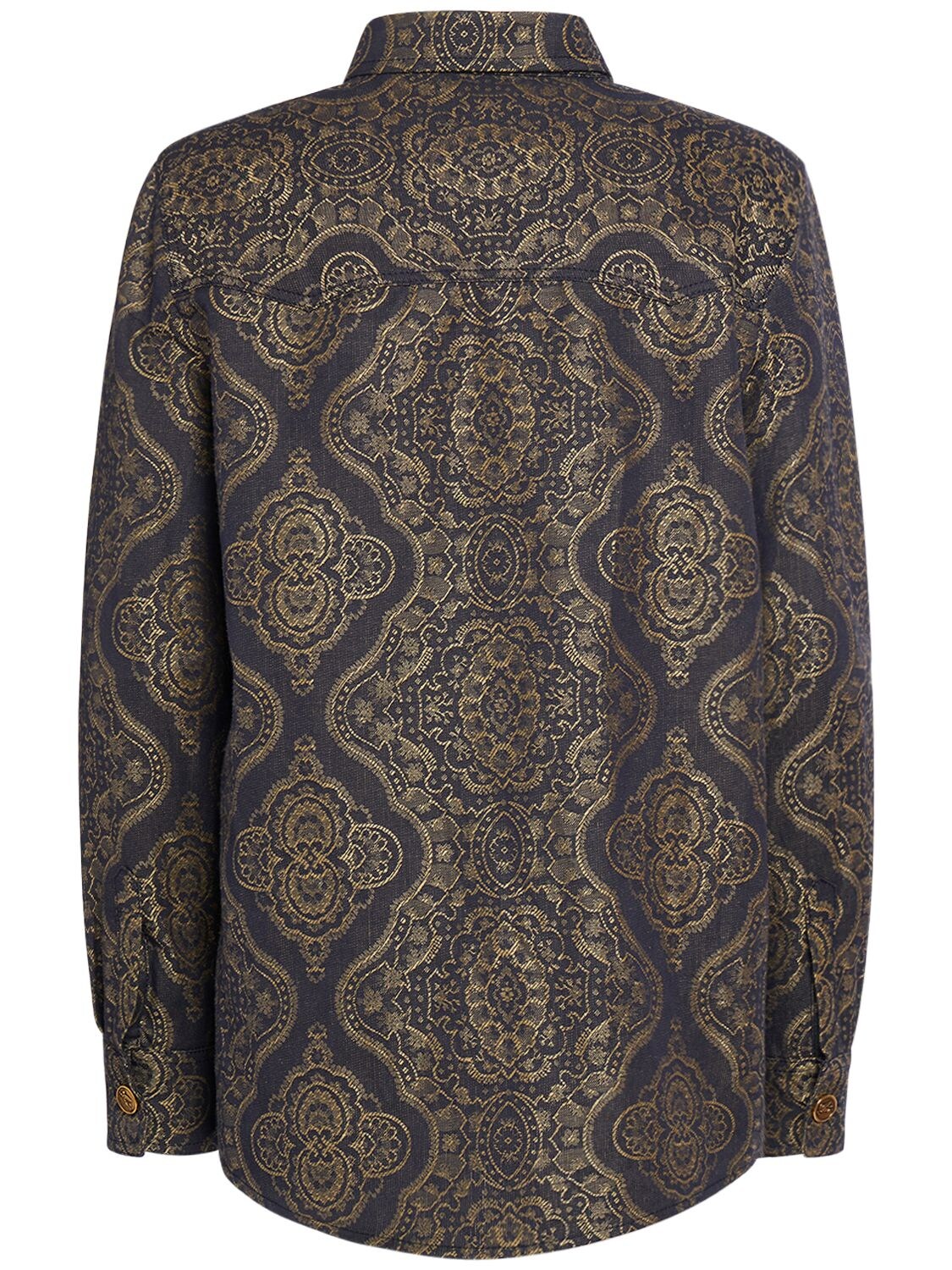 Shop Etro Printed Cotton & Linen Long Sleeve Shirt In Dark Grey,gold