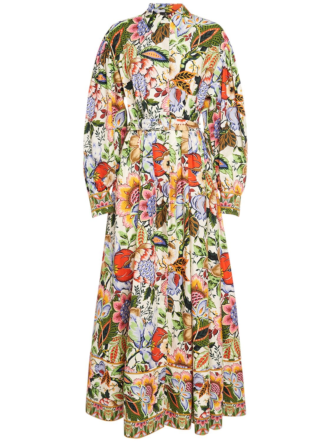Image of Printed Cotton Belted Midi Shirt Dress