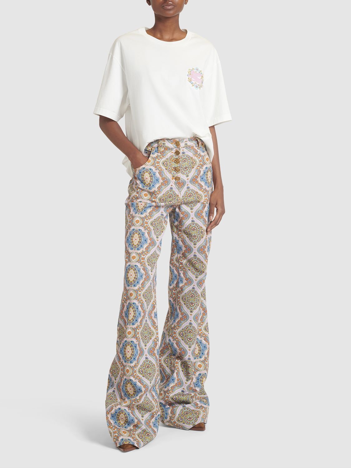 Shop Etro Printed Cotton Denim Flared Jeans In Multi Lilac