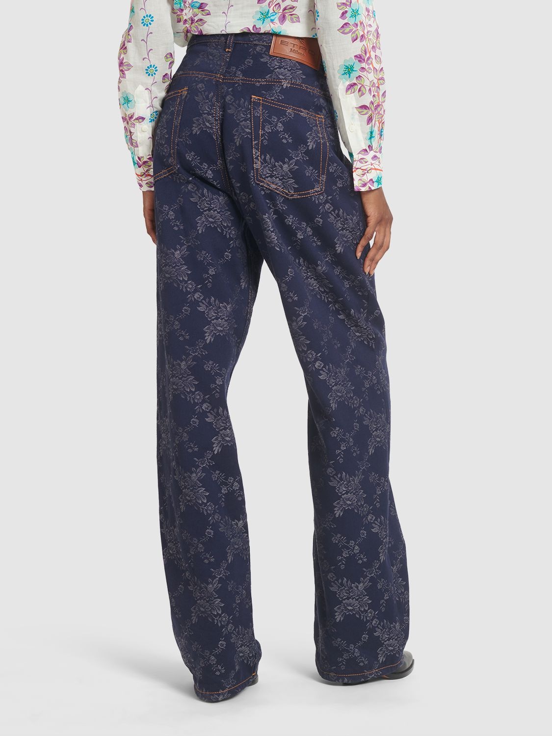 Shop Etro Cotton Jacquard High Rise Straight Jeans In Blue