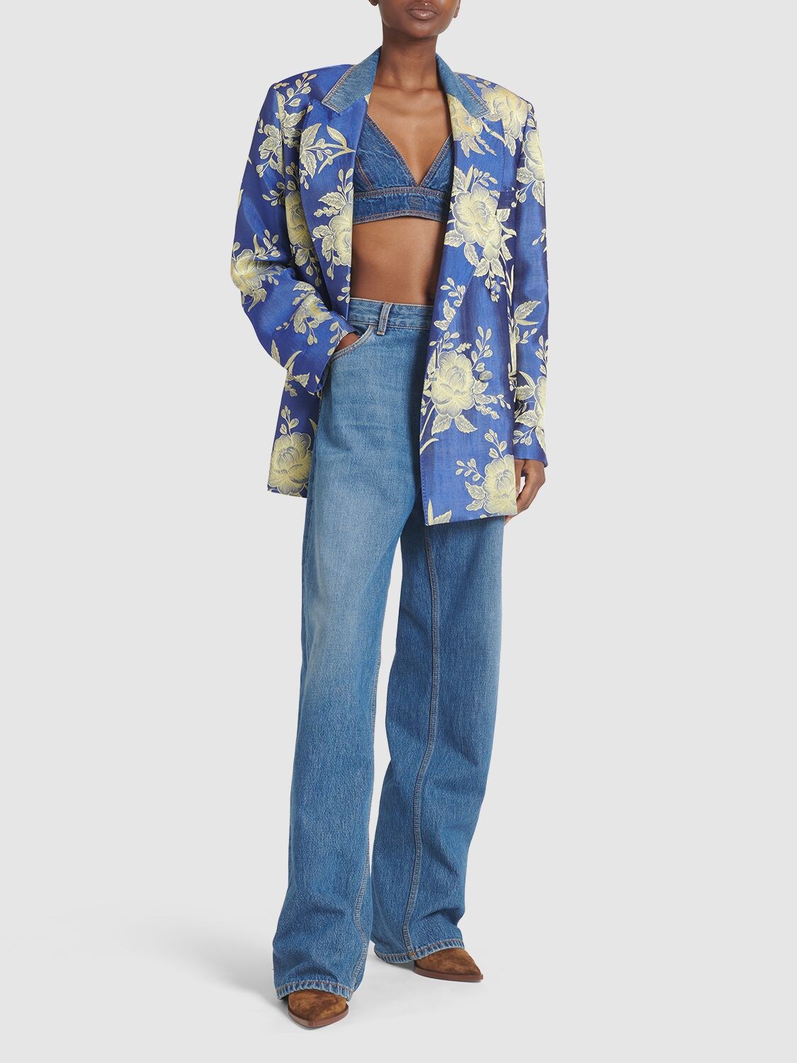 Shop Etro Printed Jacquard Double Breasted Jacket In Blue,yellow