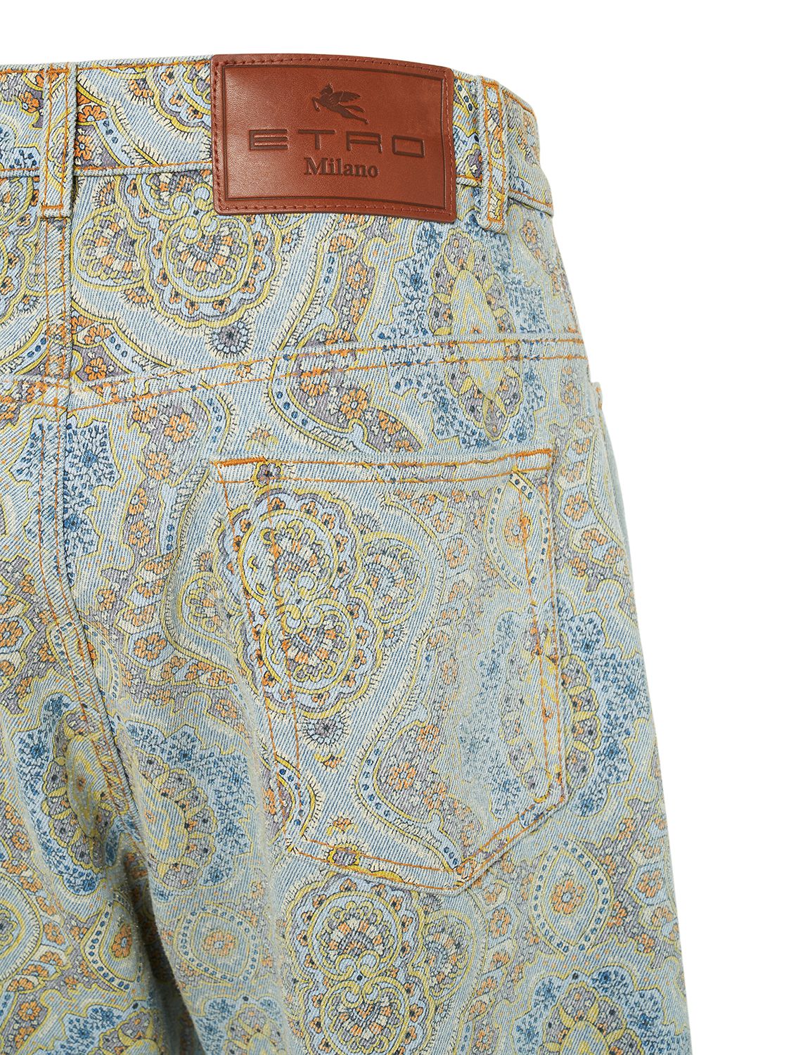 Shop Etro Printed Cotton Denim High Rise Jeans In Lightblue,gold
