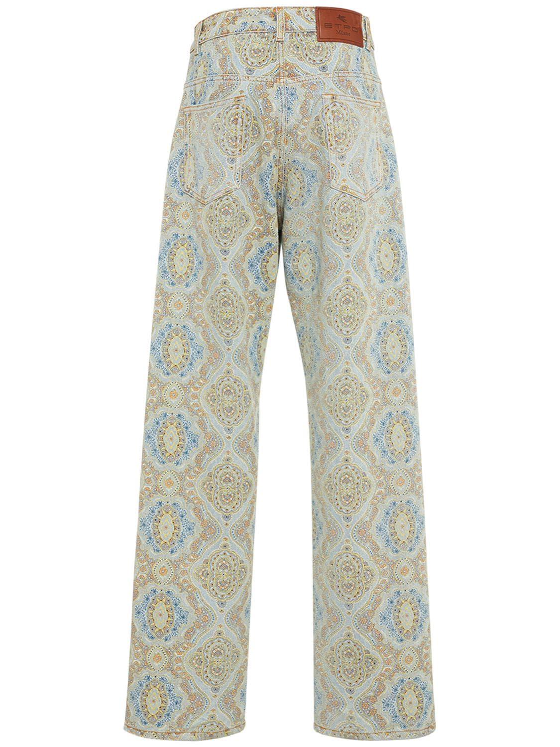 Shop Etro Printed Cotton Denim High Rise Jeans In Lightblue,gold