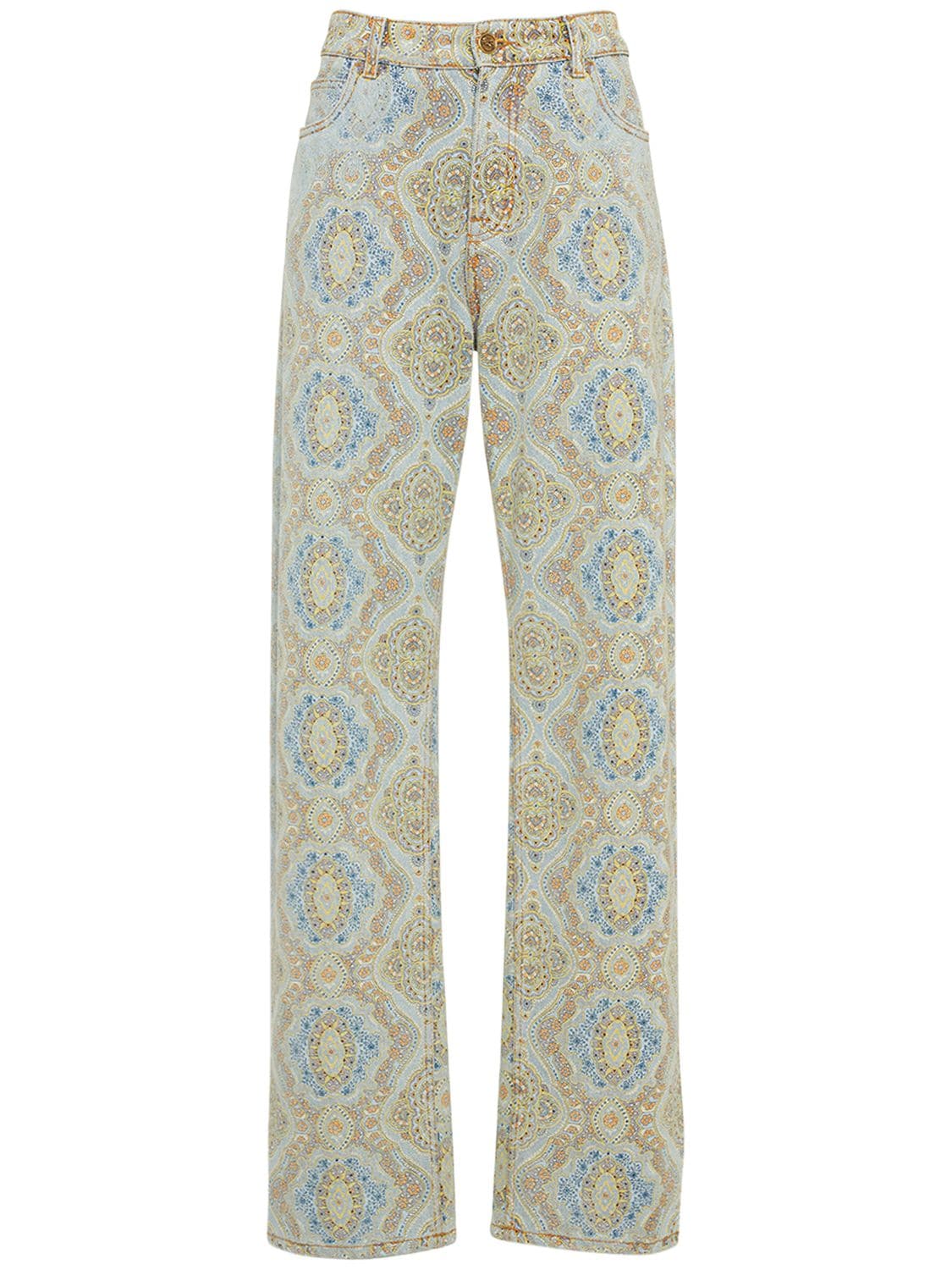 Etro Printed Cotton Denim High Rise Jeans In Blue