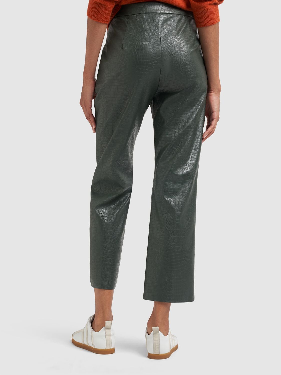 Shop Max Mara Queva Croc Faux Leather Straight Pants In Dark Green