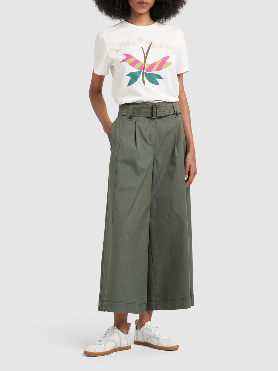 Shop Weekend Max Mara Recco Belted Cotton Canvas Wide Pants In Dark Green