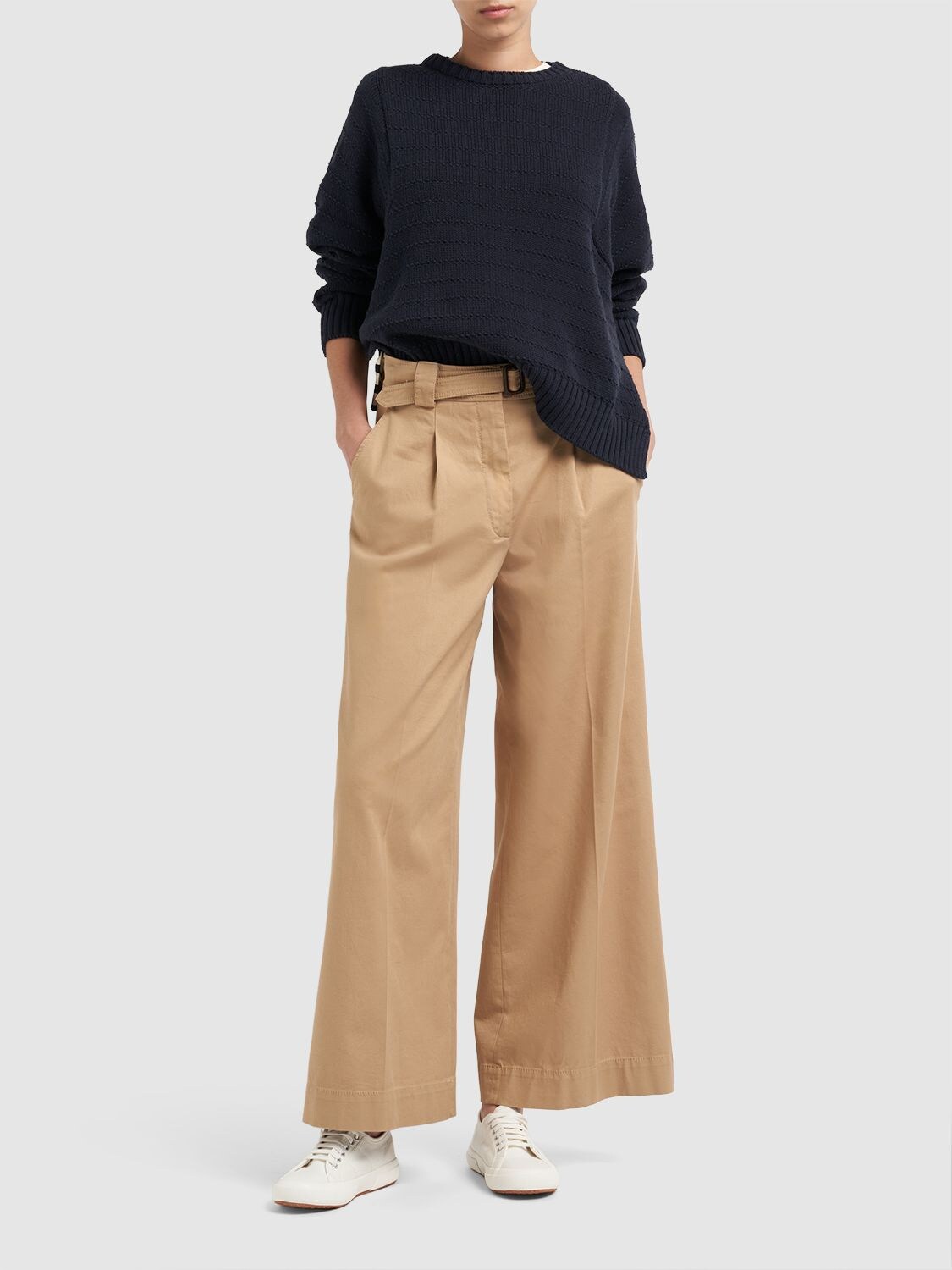 Shop Weekend Max Mara Pino Belted Cotton Canvas Wide Pants In Camel