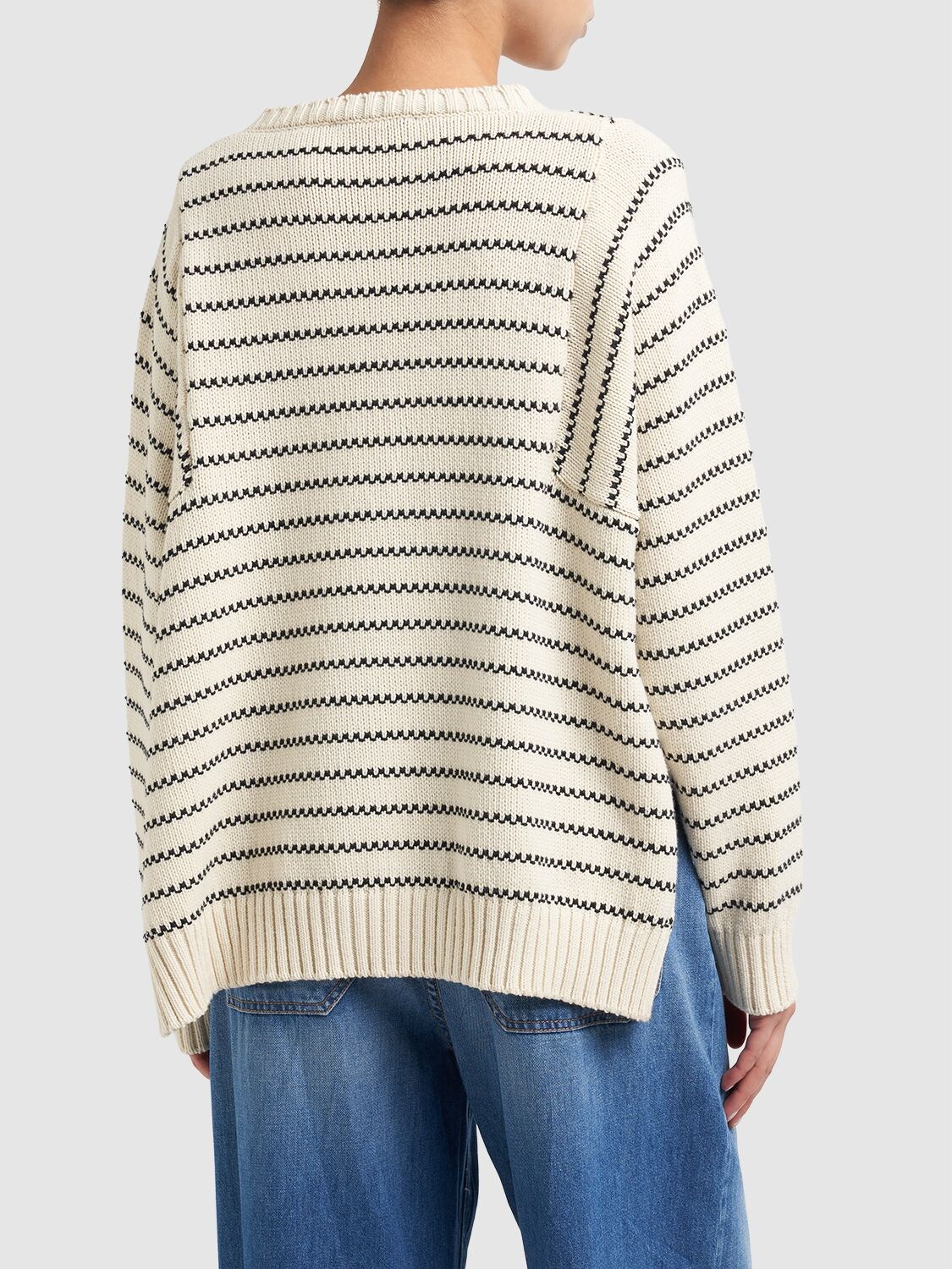 Shop Weekend Max Mara Natura Striped Cotton Blend Knit Sweater In Beige,black