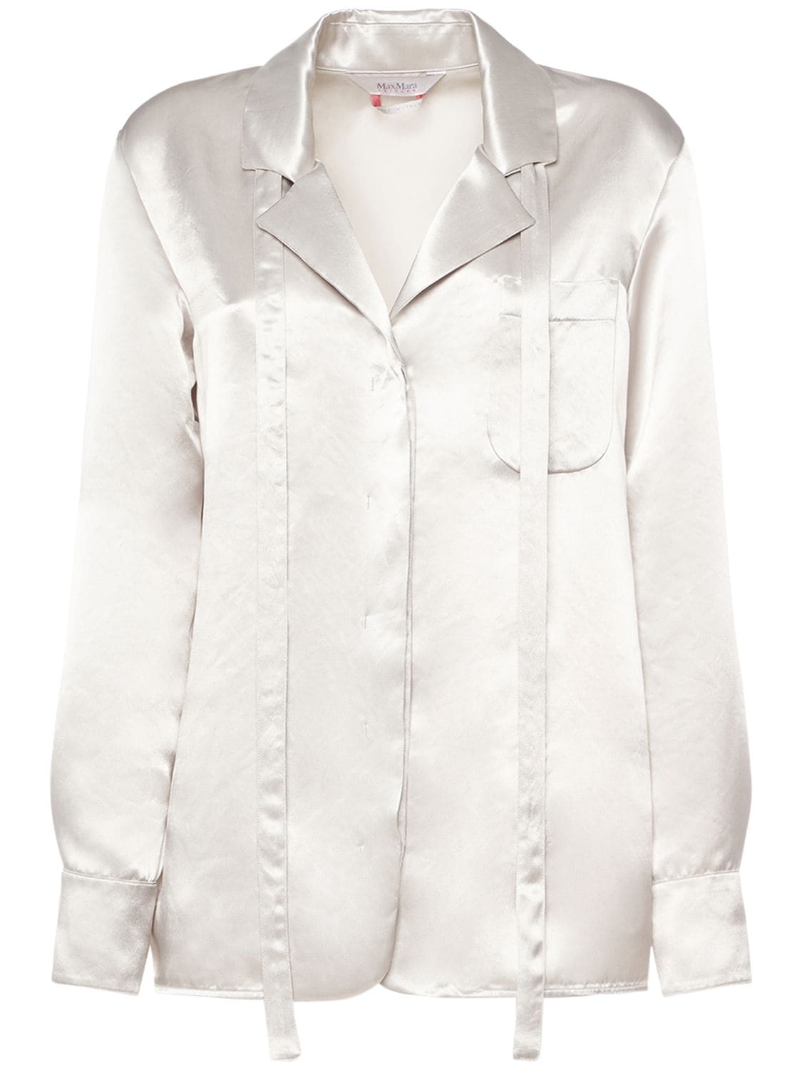 Shop Max Mara Vignola Satin Shirt W/ Self-tie Scarf In Silver