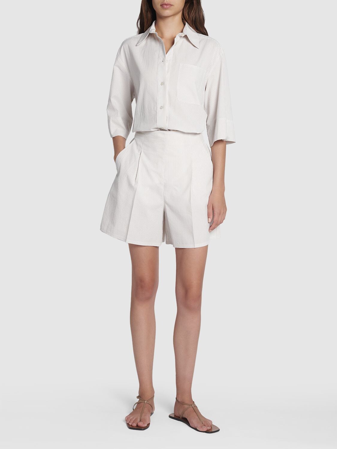 Shop Max Mara Canale Seersucker Cotton Shorts In White,ecru