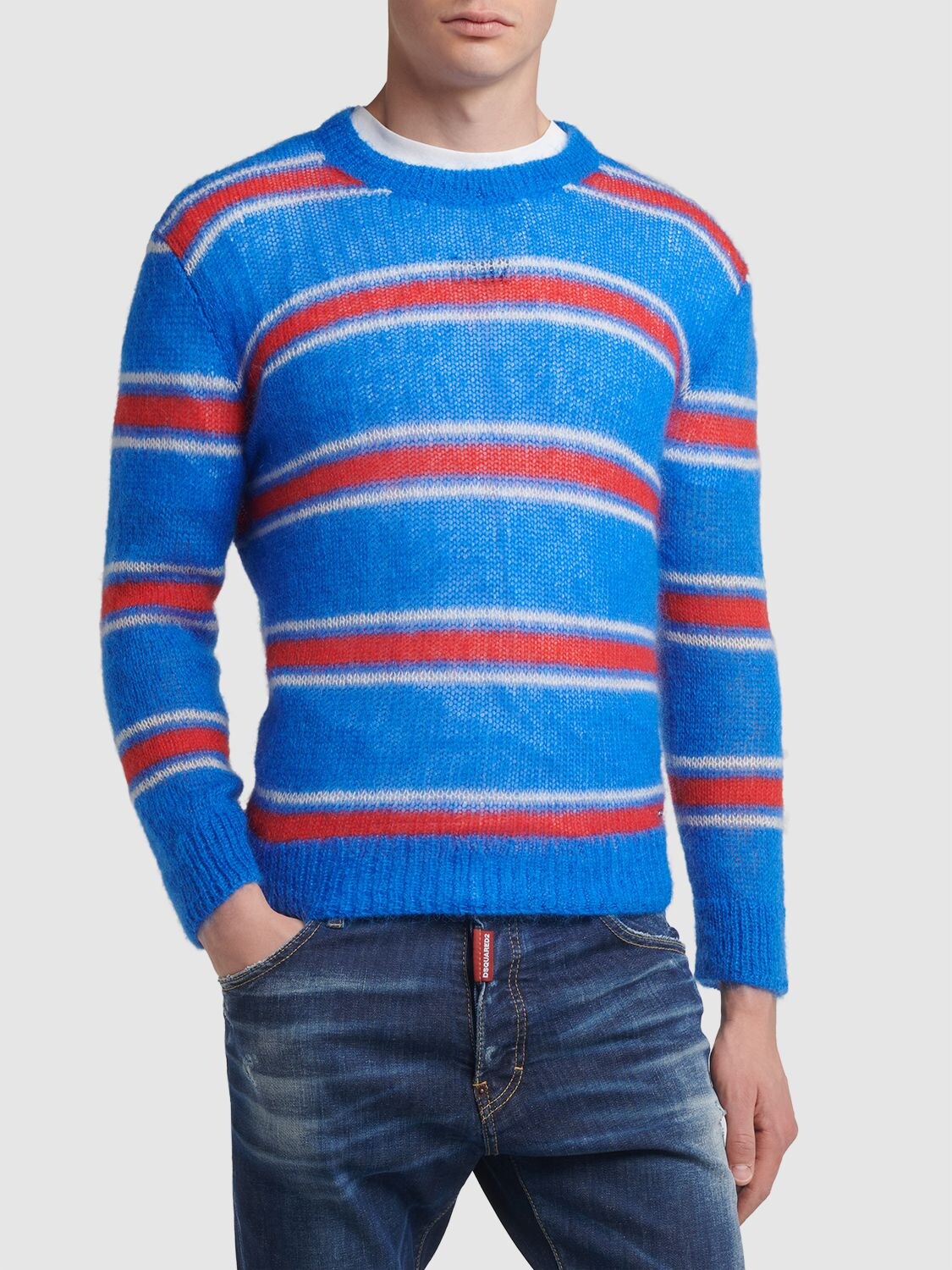 Shop Dsquared2 Striped Mohair Blend Crewneck Sweater In Blau,rot