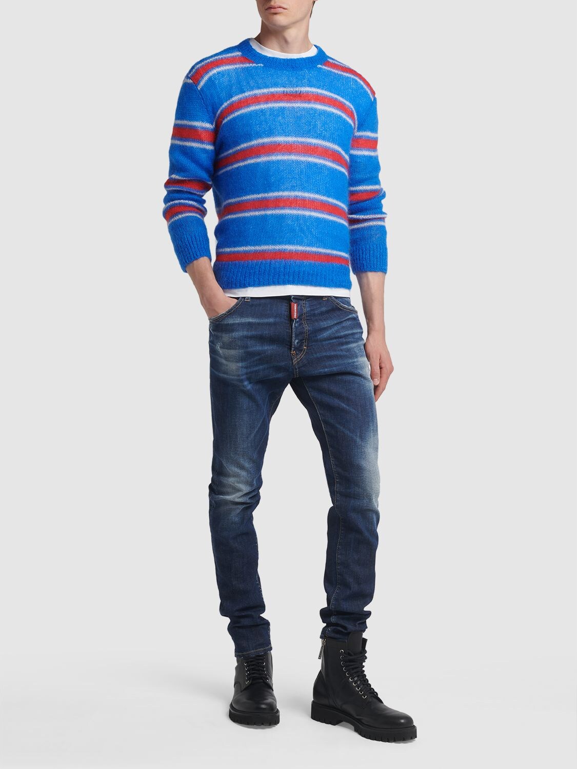 Shop Dsquared2 Striped Mohair Blend Crewneck Sweater In Blau,rot