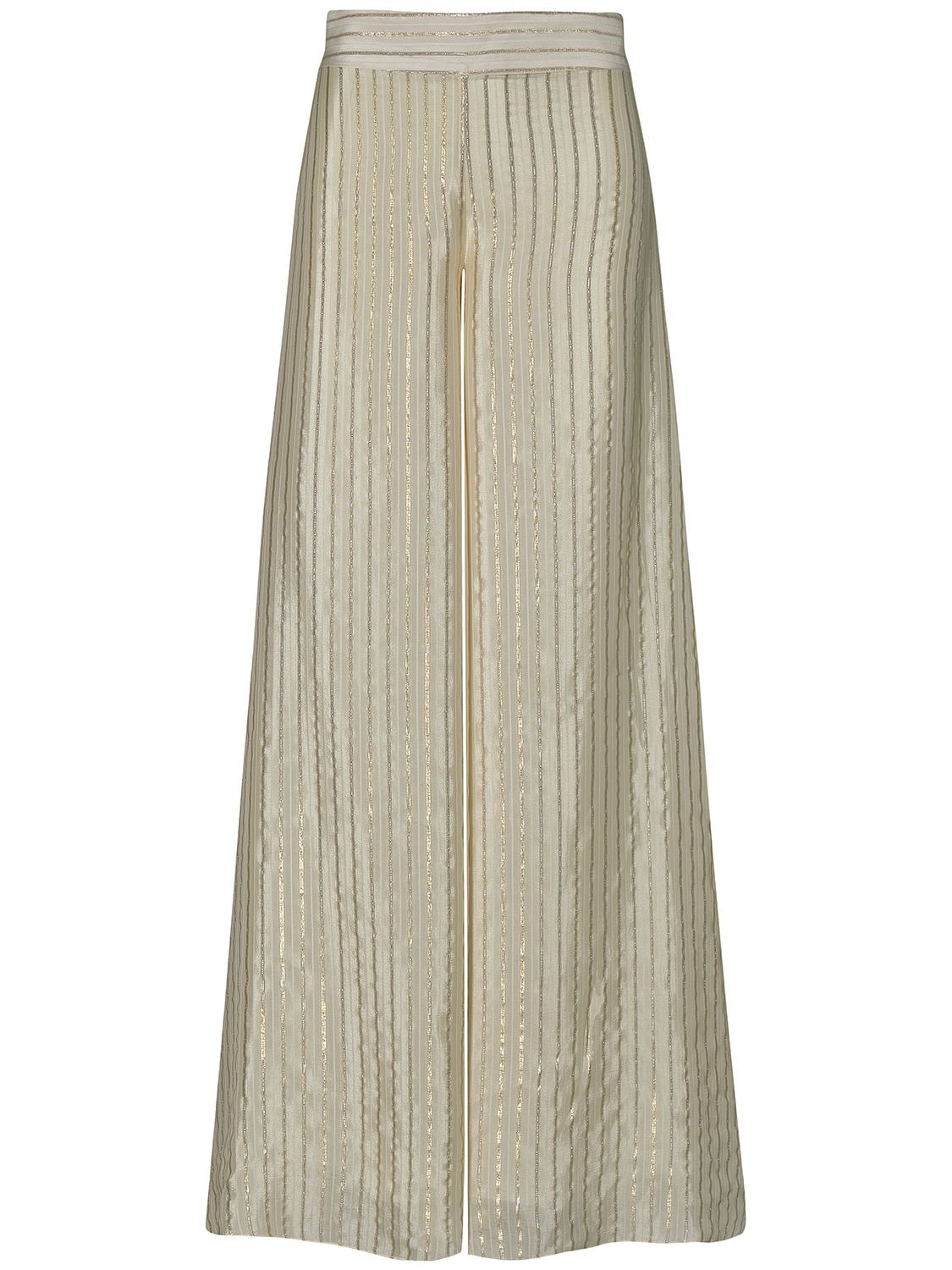 Shop Johanna Ortiz Woven Power Lurex Silk Chiffon Pants In Ecru,silver