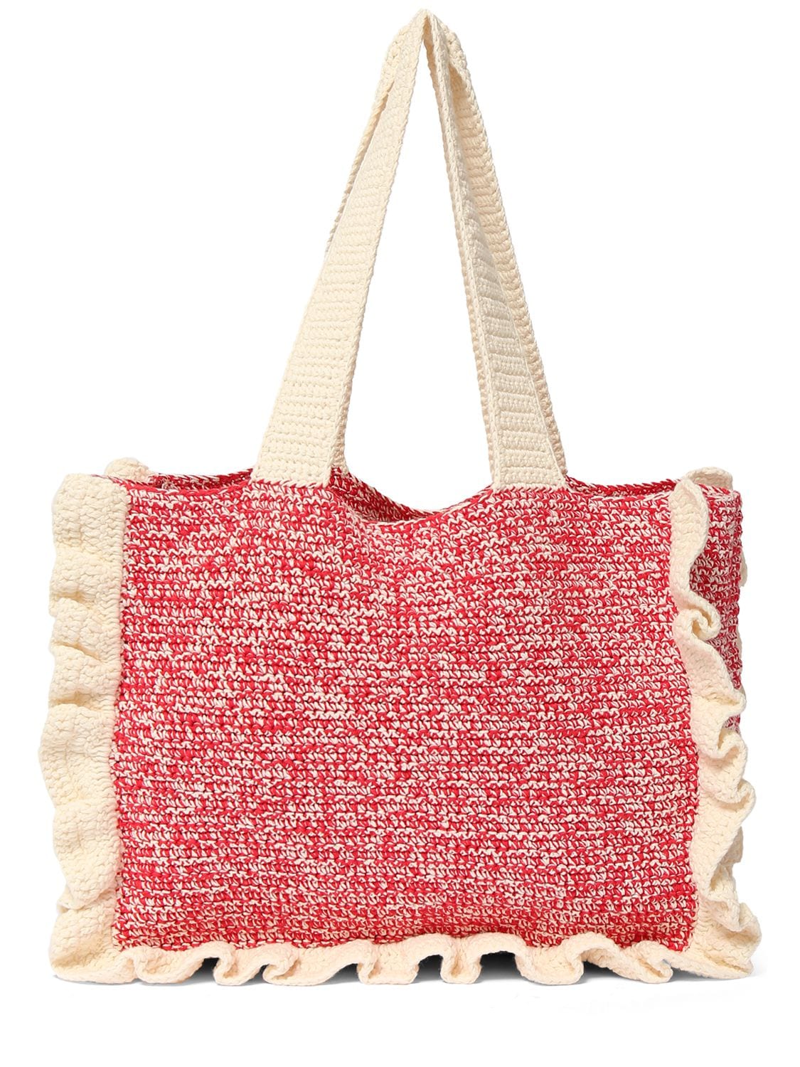 Shop Ganni Cotton Crochet Ruffled Tote Bag In Egret