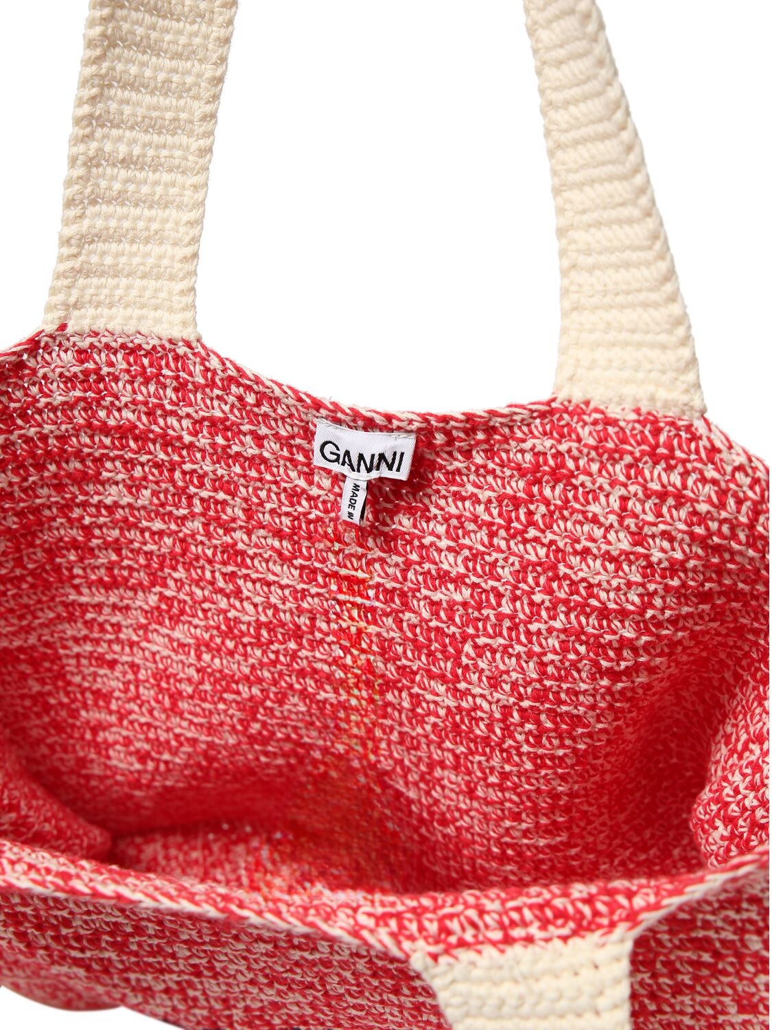 Shop Ganni Cotton Crochet Ruffled Tote Bag In Egret
