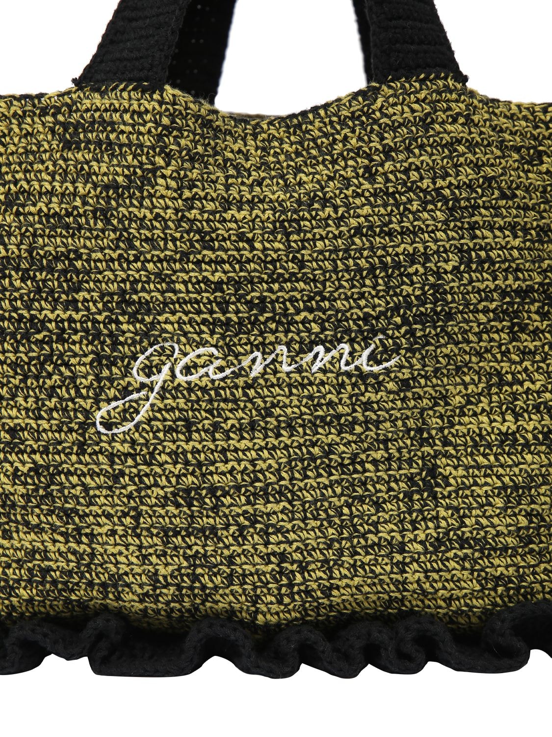 Shop Ganni Cotton Crochet Ruffled Tote Bag In Schwarz