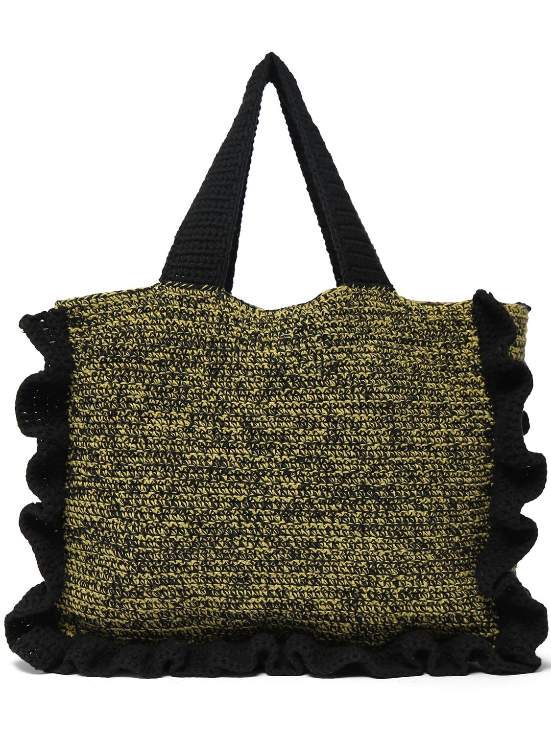Shop Ganni Cotton Crochet Ruffled Tote Bag In Schwarz