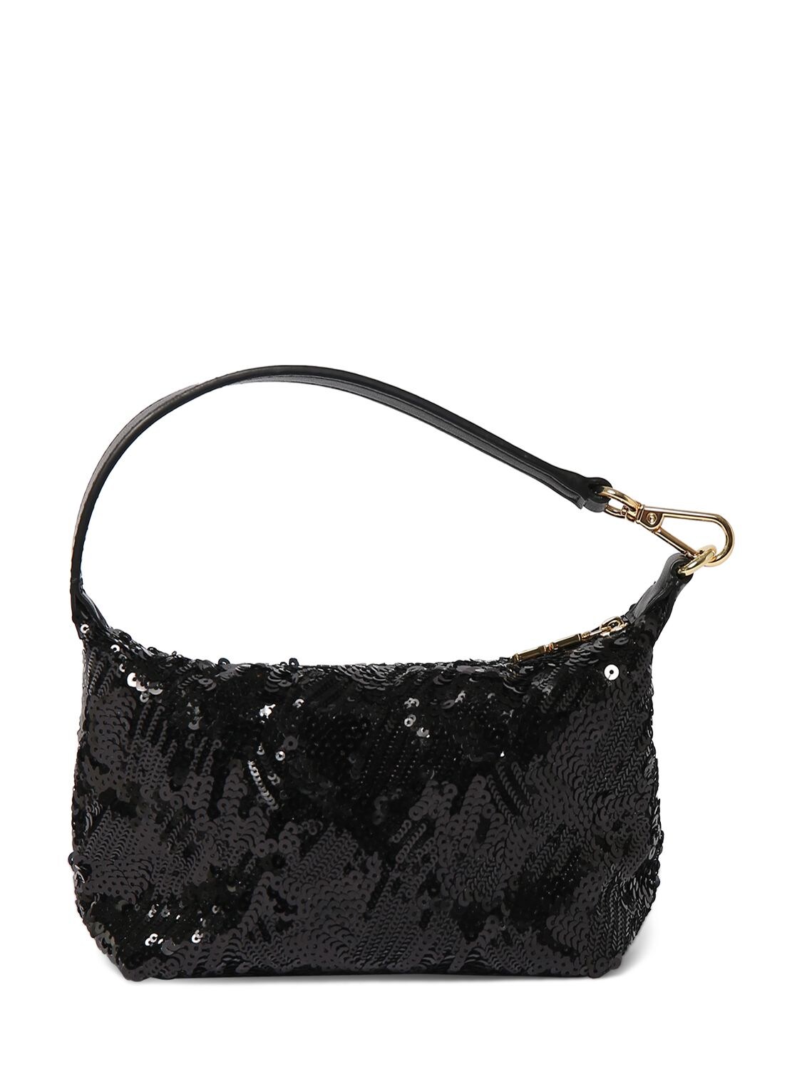 Shop Ganni Small Butterfly Sequined Top Handle Bag In Schwarz