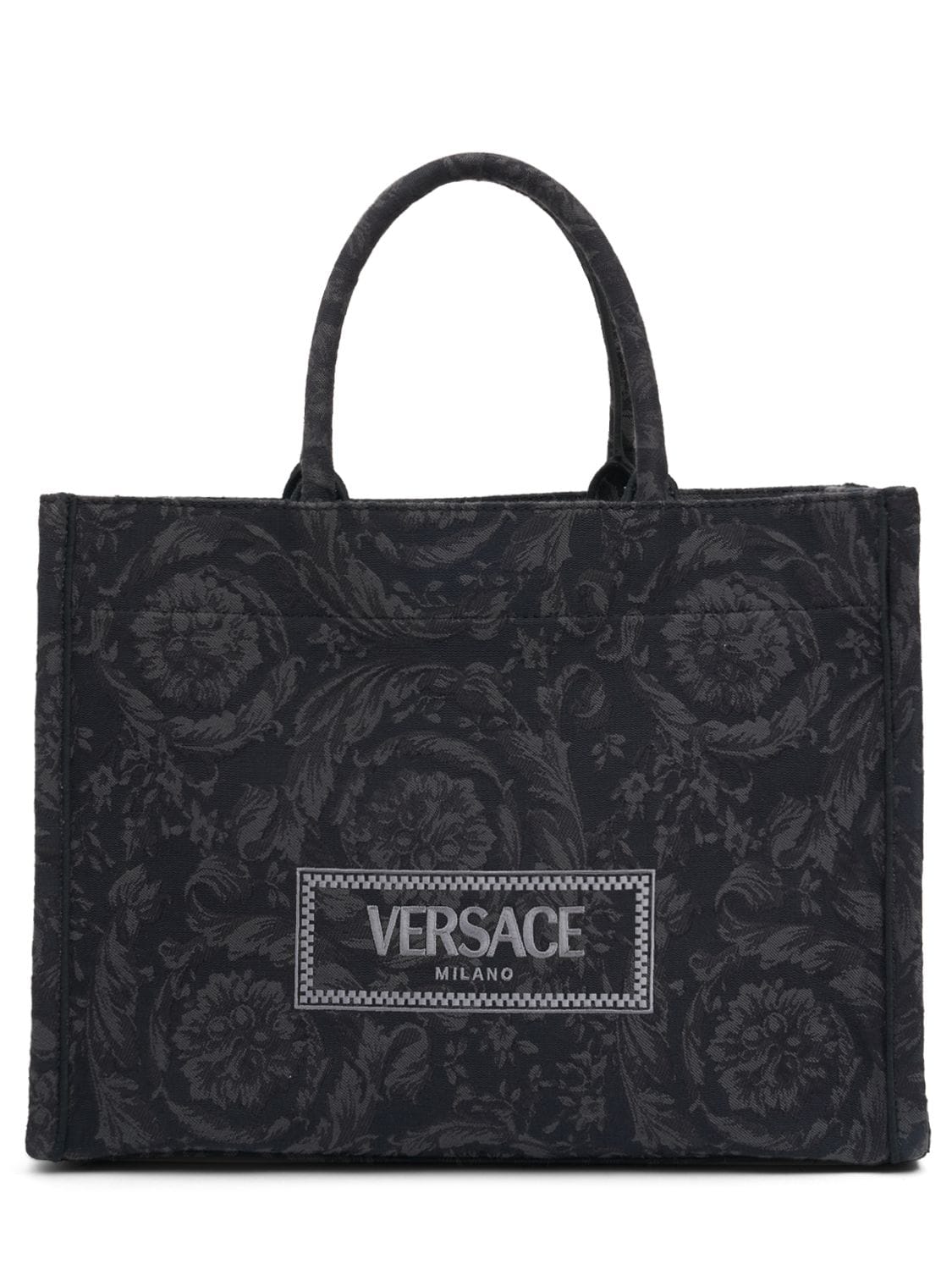 Versace Large Barocco Jacquard Canvas Tote In Black