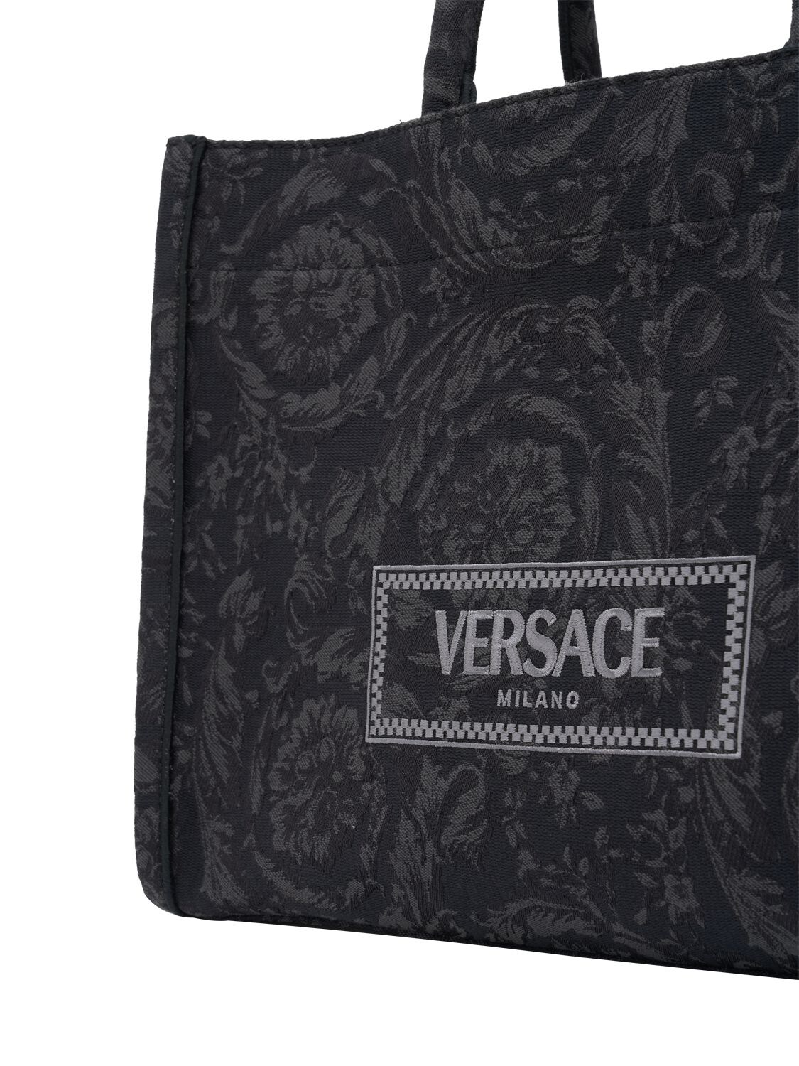 Shop Versace Large Barocco Jacquard Canvas Tote In Black
