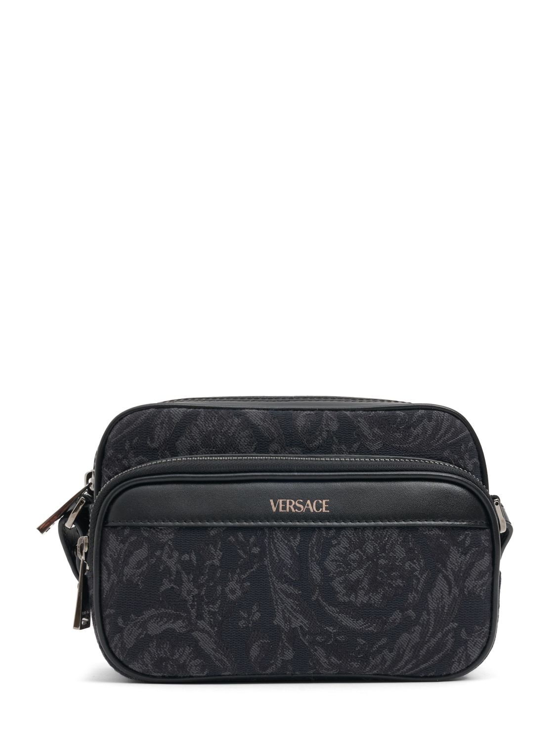 Shop Versace Small Jacquard Canvas Crossbody Bag In Black
