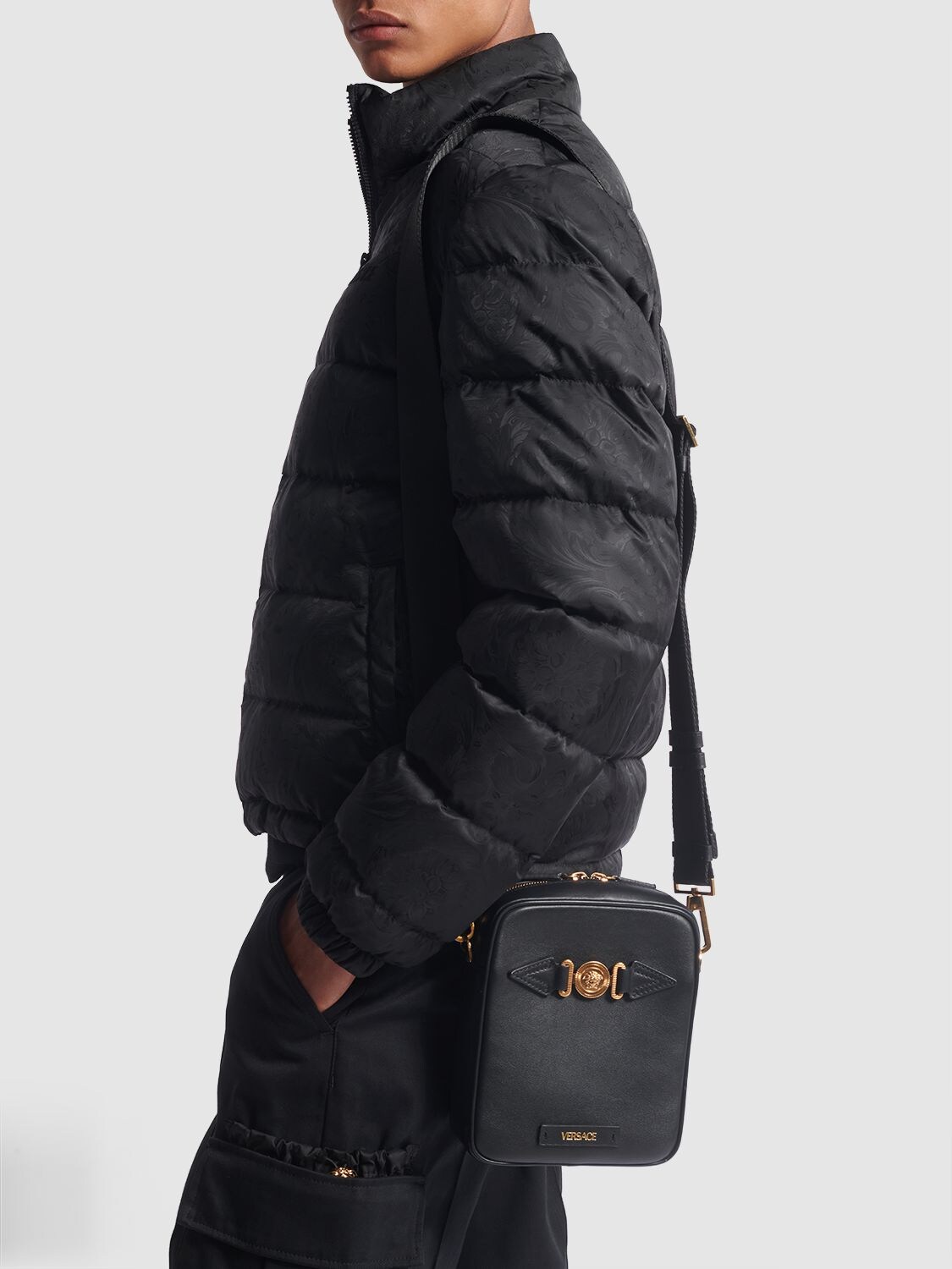 Shop Versace Medusa Leather Crossbody Bag In Black