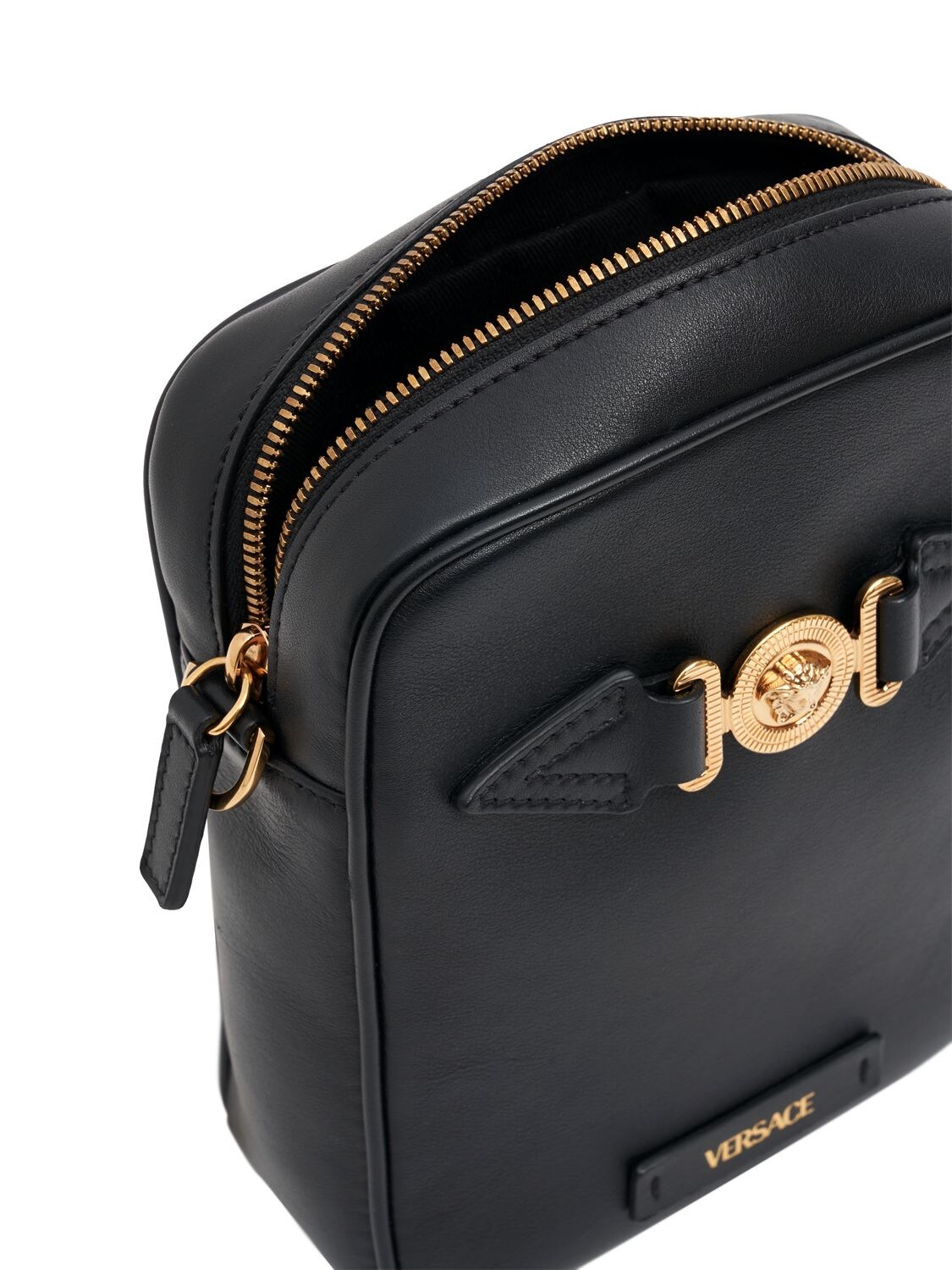 Shop Versace Medusa Leather Crossbody Bag In Black