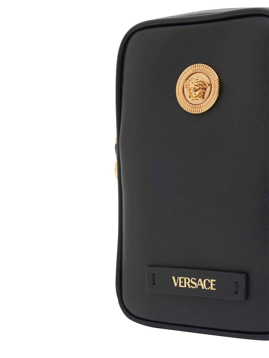 Shop Versace Medusa Leather Phone Holder In Black,gold