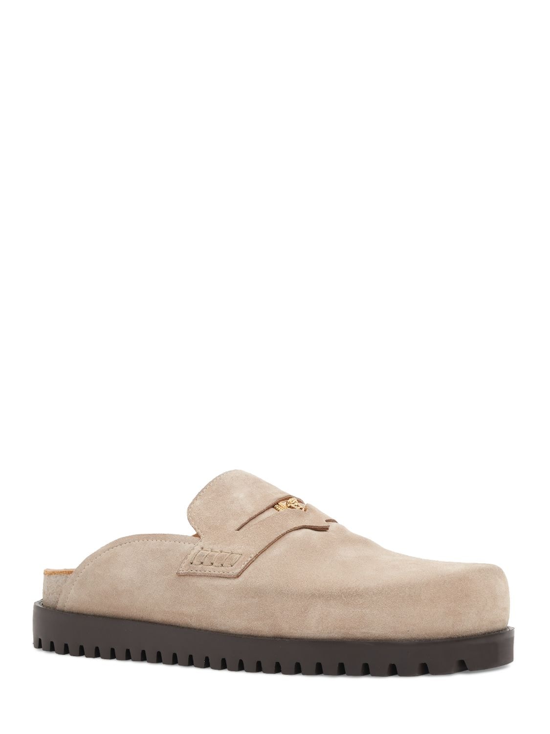 Shop Versace Suede Mules In Sand