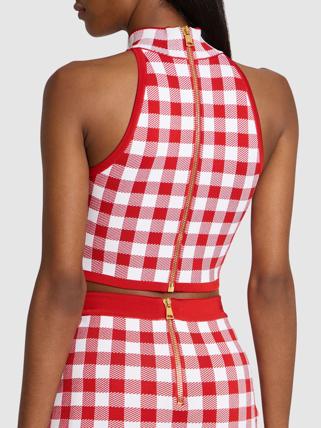 Shop Balmain Check Knit High Neck Cropped Vest In Red,white
