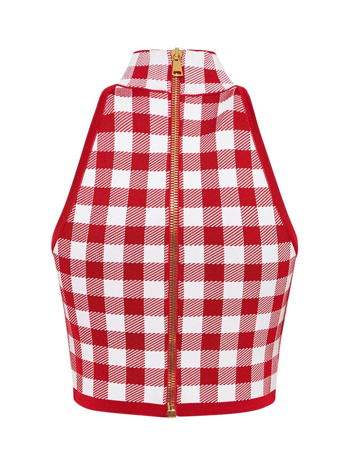 Shop Balmain Check Knit High Neck Cropped Vest In Red,white