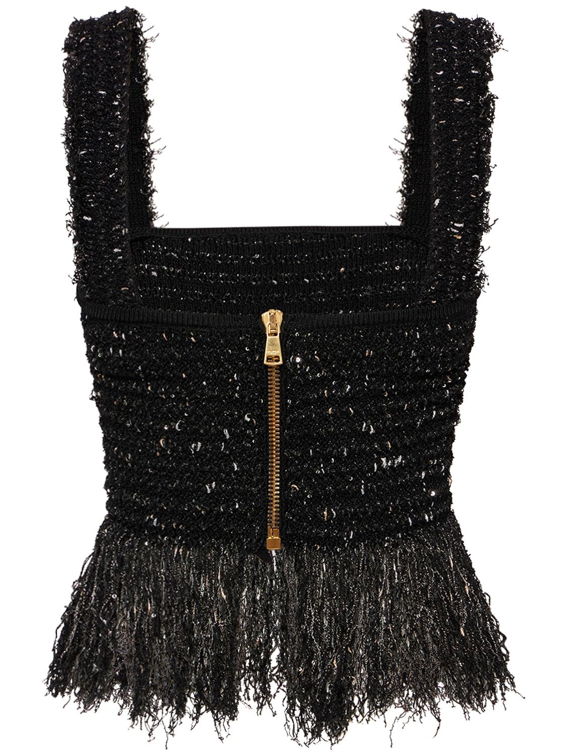 Shop Balmain Glittered Tweed Square Neck Top In Black