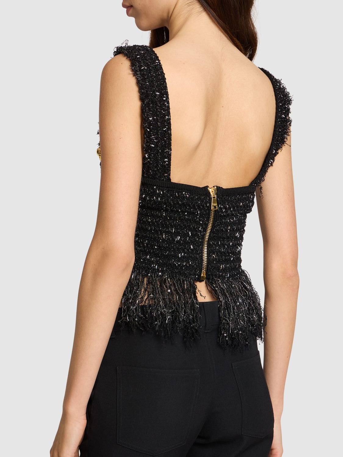 Shop Balmain Glittered Tweed Square Neck Top In Black