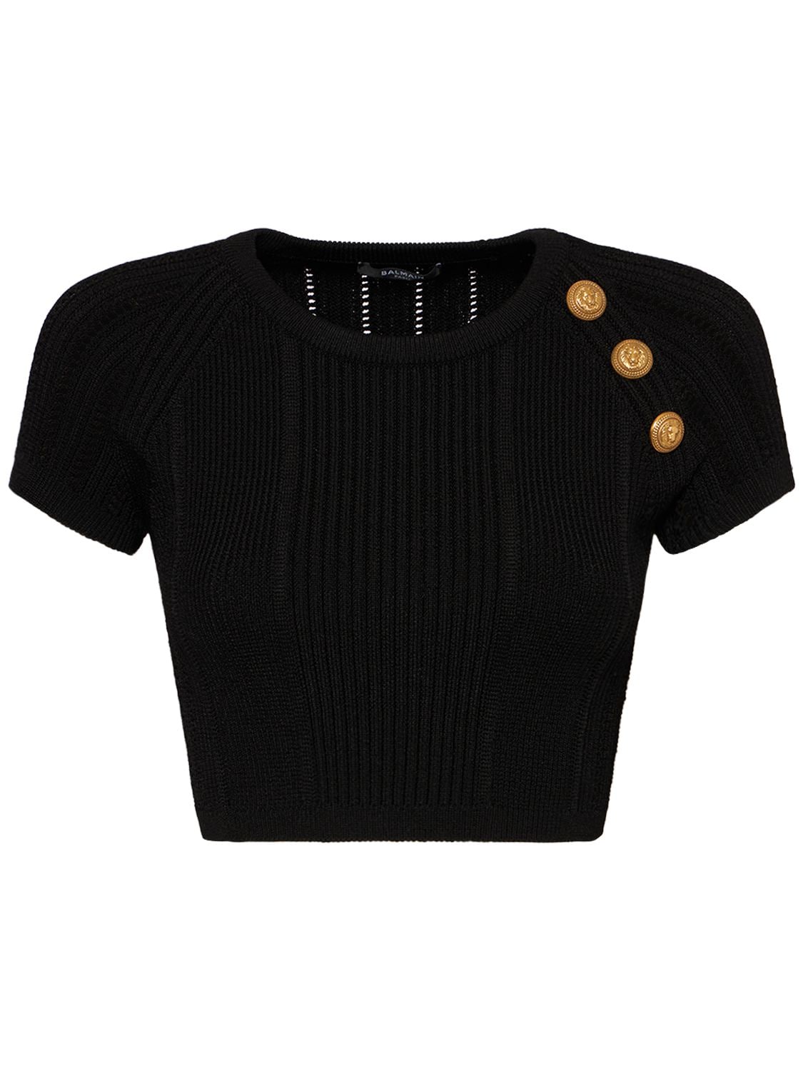 Balmain Embellished Knit Crop Top In Black