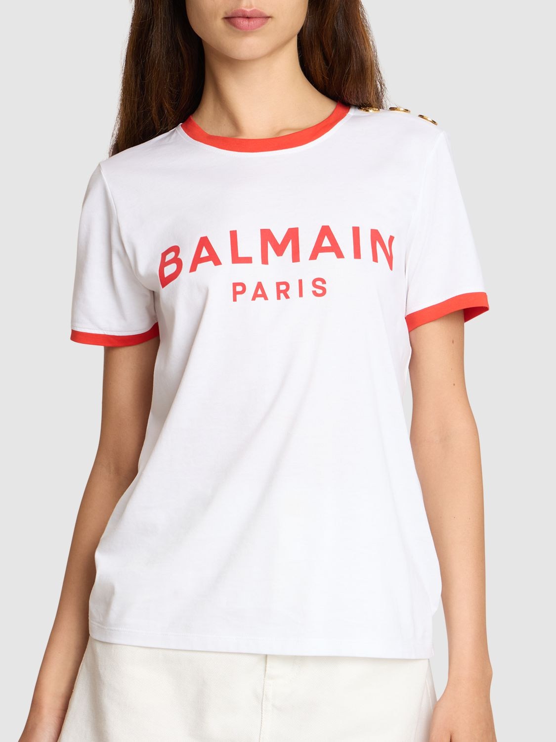 Shop Balmain Logo Print Jersey T-shirt In White,red