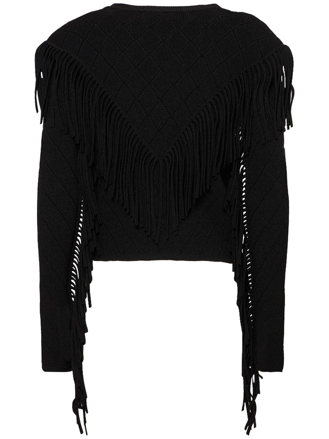 Shop Balmain Fringed Knit Cardigan In Black