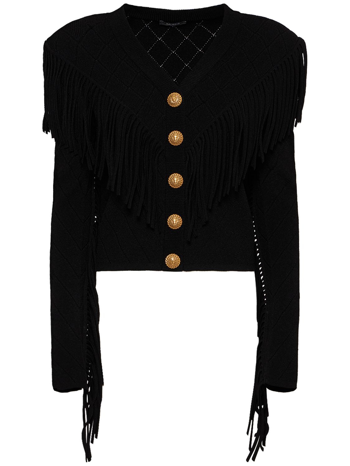 Shop Balmain Fringed Knit Cardigan In Black