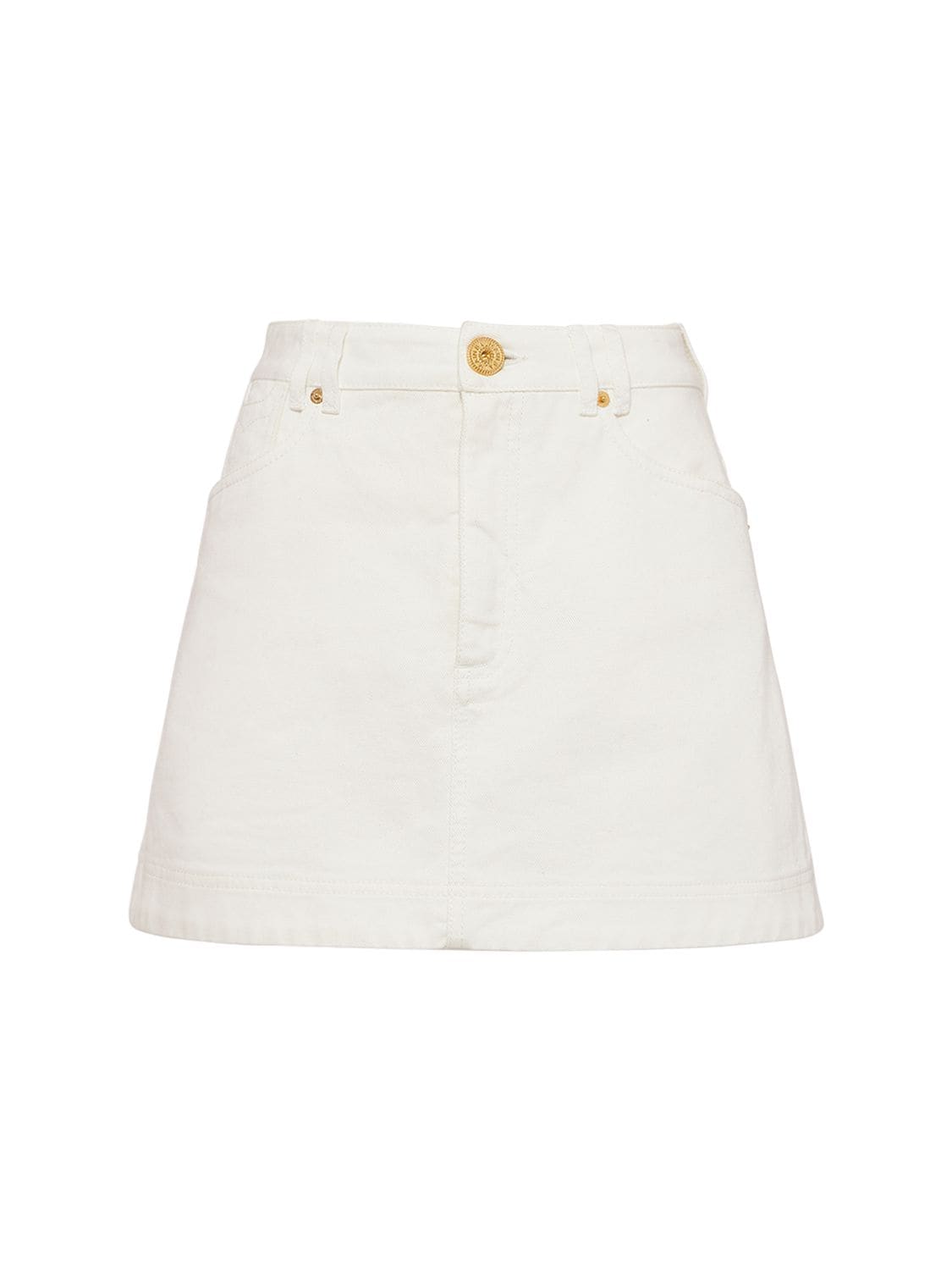 Shop Balmain Trapeze Western Denim Mini Skirt In White