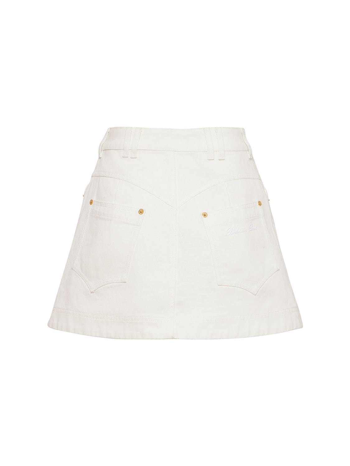 Shop Balmain Trapeze Western Denim Mini Skirt In White
