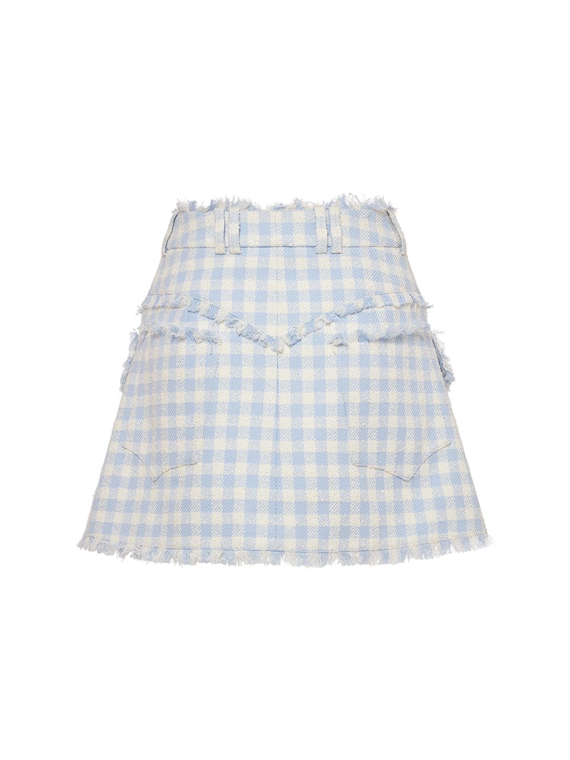 Shop Balmain Trapeze Gingham Tweed Mini Skirt In Light Blue