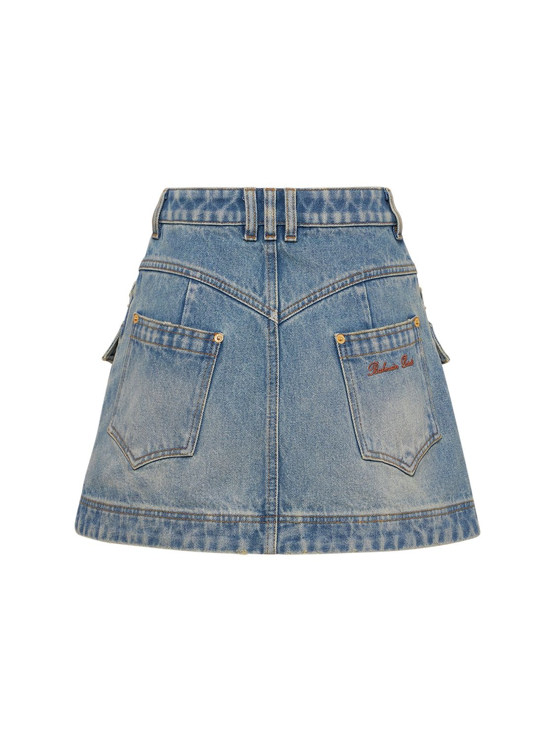 Shop Balmain Trapeze Denim Mini Skirt In Light Blue