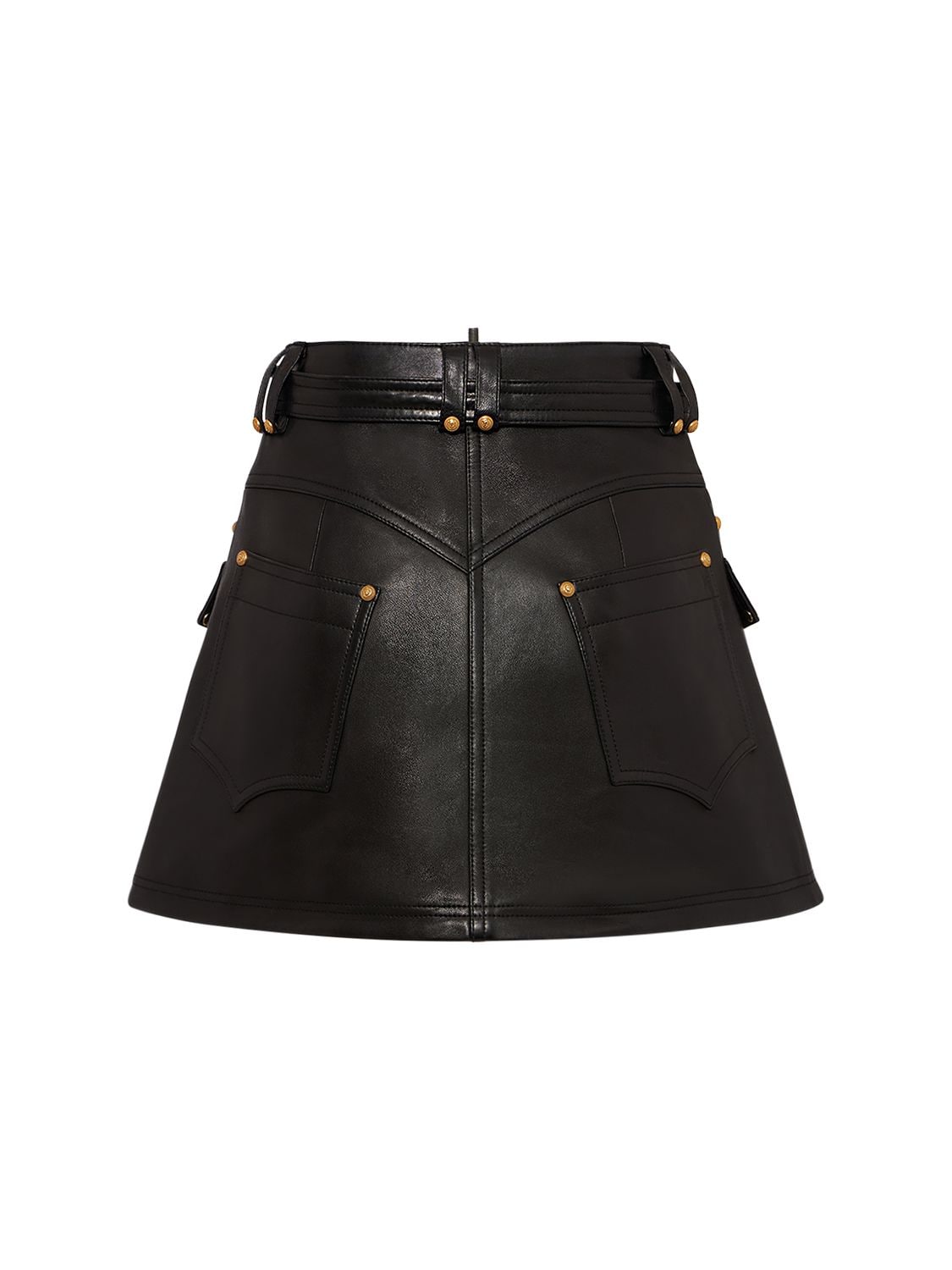 Shop Balmain Trapeze Belted Leather Mini Skirt In Black