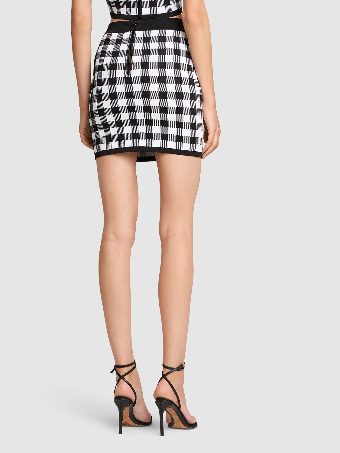 Shop Balmain Check Knit Mini Skirt In Black,white