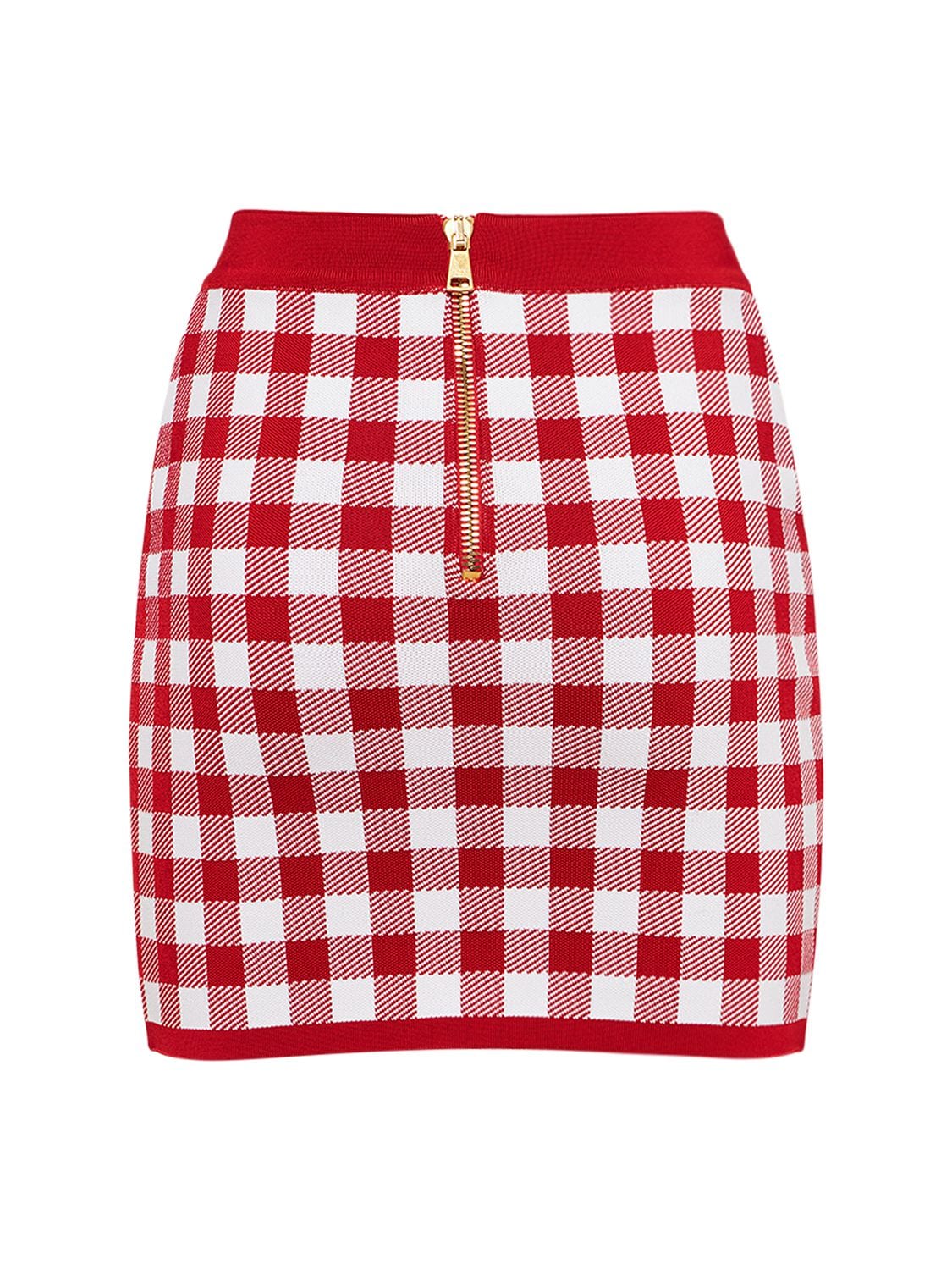 Shop Balmain Check Knit Mini Skirt In Red,white