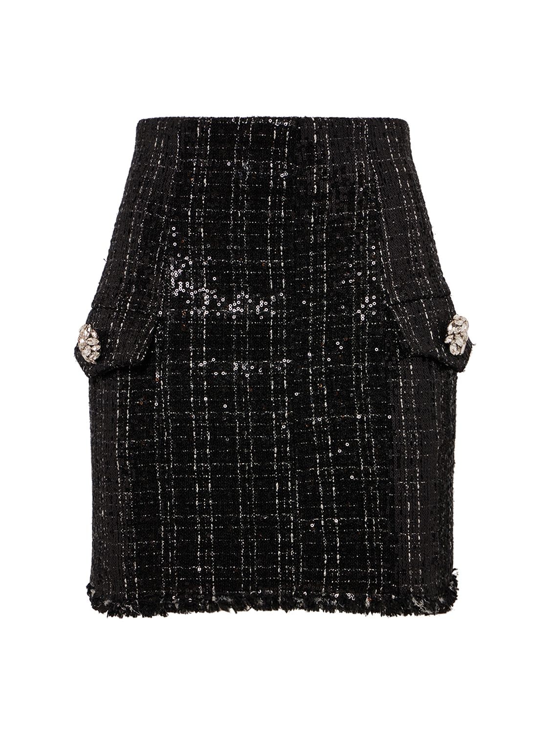 Shop Balmain Glittered Tweed Mini Skirt In Black